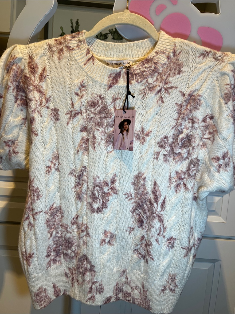 Sincerly Jules Cream Cable-Knit Sweater with Mauve Floral